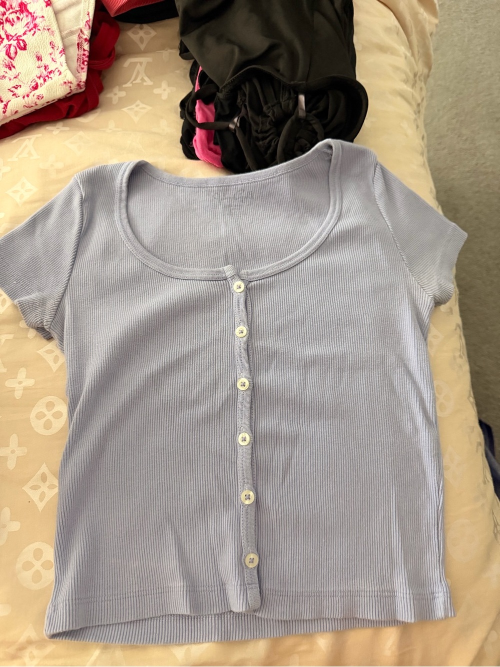 Light Blue Ribbed Button-Front Crop Top